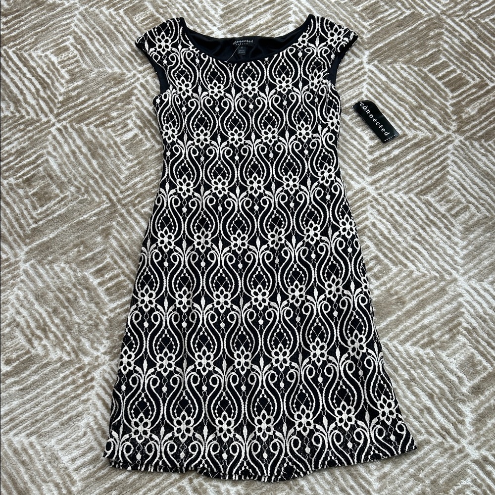 NWT Black and Cream Embroidered Patterned Midi Dress, 6
